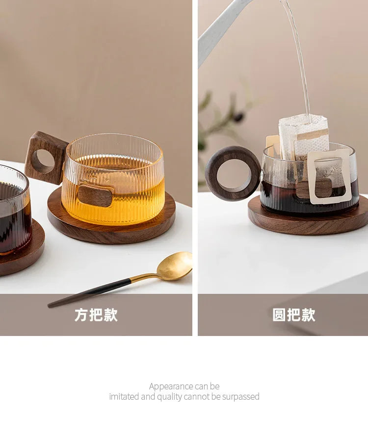 Vertical glass coffee cup and saucer set high-grade exquisite household walnut tea cup female milk cup with spoon.