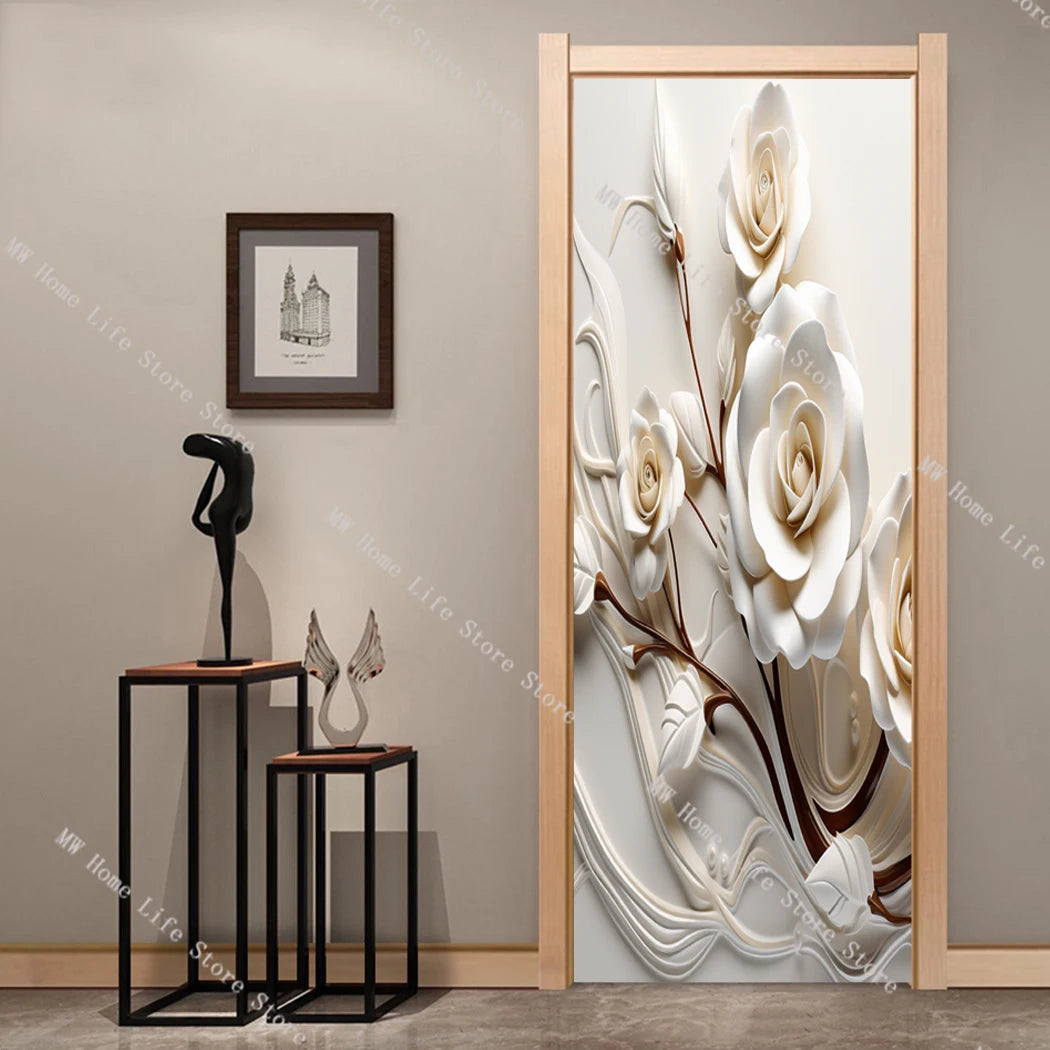 Exquisite Elegant Flowers Door Stickers Bedroom Bathroom Plum Blossom Lily Door Wallpaper Decorative Modern Design Decoration