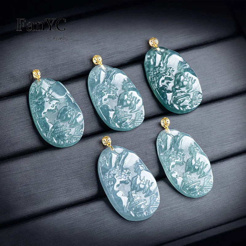 Natural Jadeite Blue Water Small Landscape Pendant 18K Gold Clasp Set Delicate Fashion Ice Jade Necklace High-grade Ladies Gift