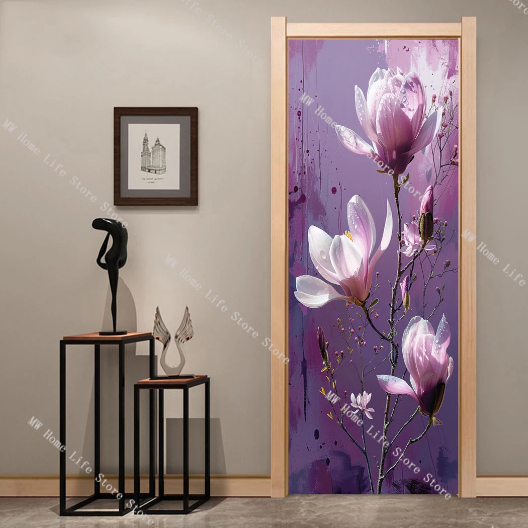 Exquisite Elegant Flowers Door Stickers Bedroom Bathroom Plum Blossom Lily Door Wallpaper Decorative Modern Design Decoration