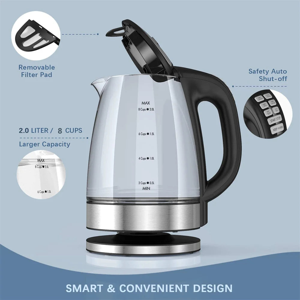 Electric Kettle Temperature Control 4Hours Keep Warm Teapot 2L Glass Tea Coffee Hot Water Boiler BPA Free Home Appliance DEVISIB