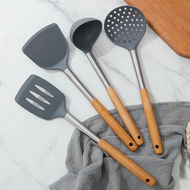 Silicone Cooking Utensil Set Heat Resistant Non Stick Cookware Spatula Shovel Kitchenware Measuring Spoons Baking Tool Set