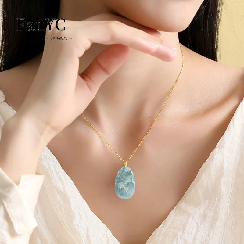 Natural Jadeite Blue Water Small Landscape Pendant 18K Gold Clasp Set Delicate Fashion Ice Jade Necklace High-grade Ladies Gift