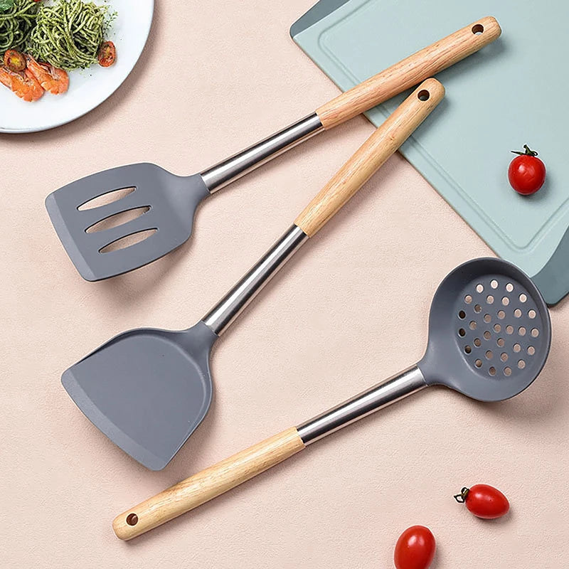 Silicone Cooking Utensil Set Heat Resistant Non Stick Cookware Spatula Shovel Kitchenware Measuring Spoons Baking Tool Set