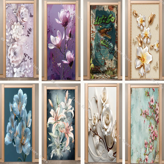 Exquisite Elegant Flowers Door Stickers Bedroom Bathroom Plum Blossom Lily Door Wallpaper Decorative Modern Design Decoration