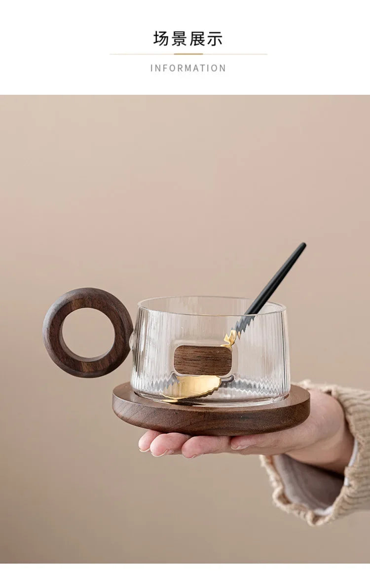 Vertical glass coffee cup and saucer set high-grade exquisite household walnut tea cup female milk cup with spoon.