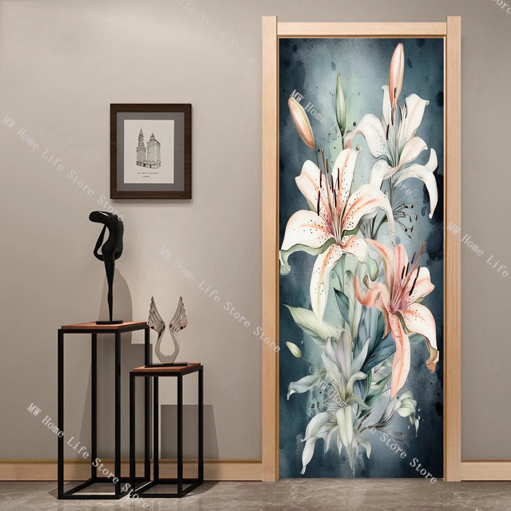 Exquisite Elegant Flowers Door Stickers Bedroom Bathroom Plum Blossom Lily Door Wallpaper Decorative Modern Design Decoration