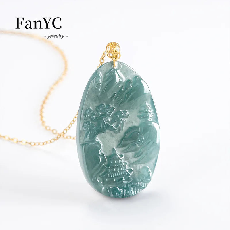 Natural Jadeite Blue Water Small Landscape Pendant 18K Gold Clasp Set Delicate Fashion Ice Jade Necklace High-grade Ladies Gift