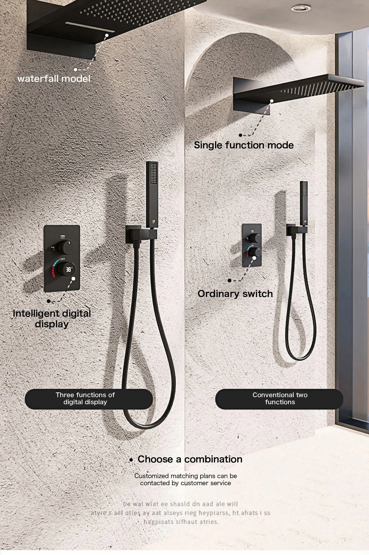 Luxury black brass shower system with wall mounted design LED digital display for dual control of hot & cold Simple bathroom Tap