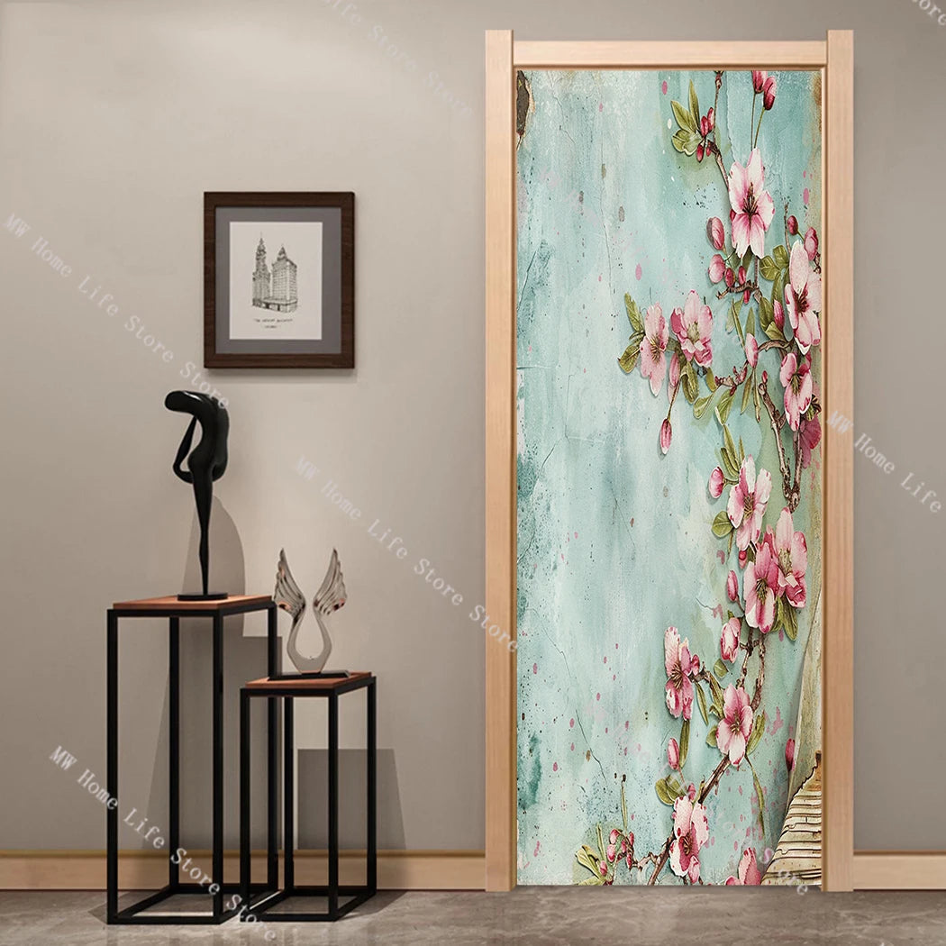 Exquisite Elegant Flowers Door Stickers Bedroom Bathroom Plum Blossom Lily Door Wallpaper Decorative Modern Design Decoration